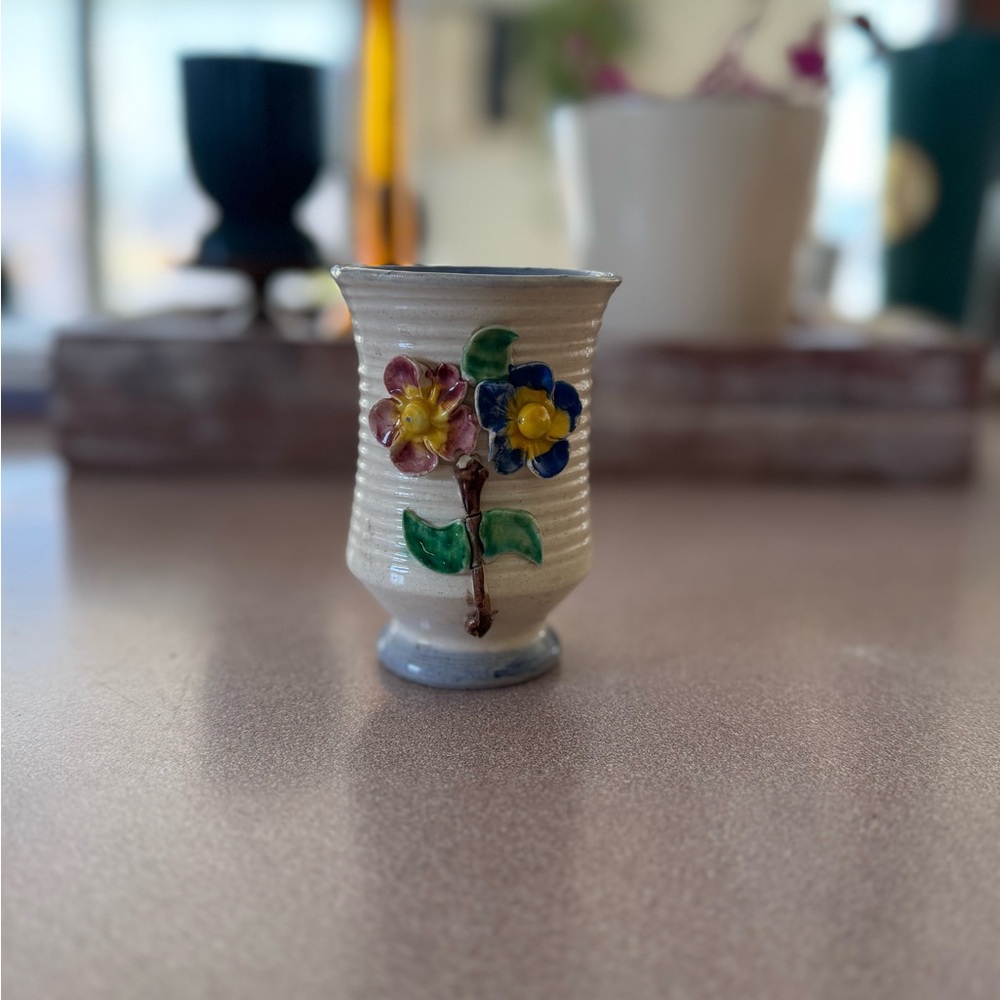 Italian Cream and Red Decorative Vase with Floral Motifs